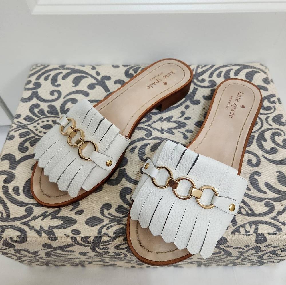 Kate Spade Brie White Leather Fringe Slides Size 7.5 - Picture 2 of 6